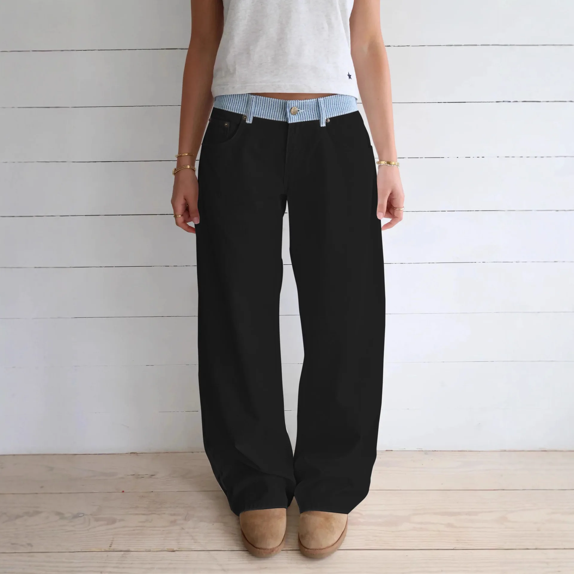 Patchwork Color Block Pants Women Wide Leg Straight Leg Loose Fit Casual Streetwear All Season New Chic Cozy Comfy Pants