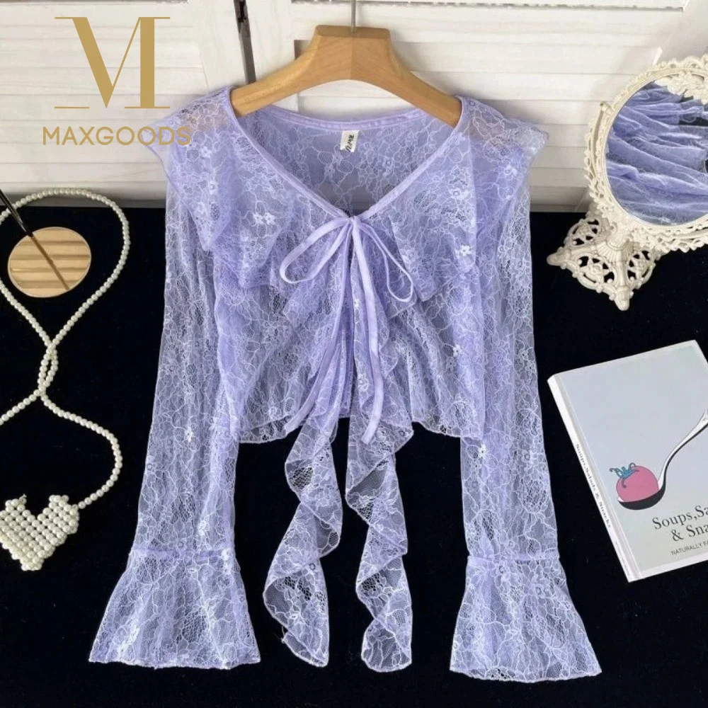 

V-Neck Lace Cardigan Flared Sleeve Ruffle Edge Sun Protection Cardigan Lightweight Hollow Out Sun-proof Shirt Women Clothing