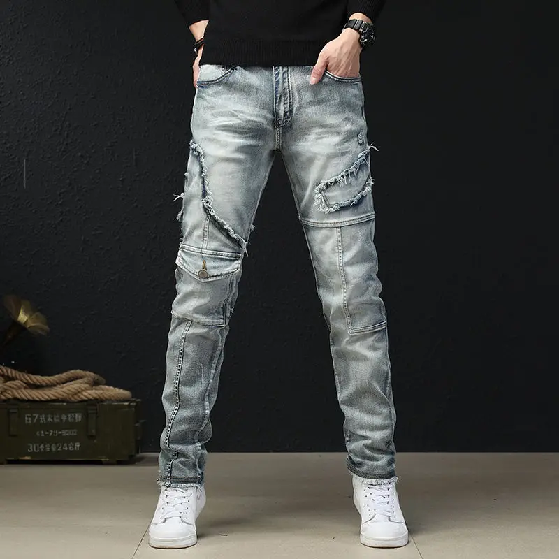 European station jeans men's slim stretch spring and summer style stitching men's trousers all-match trendy pants men clothing