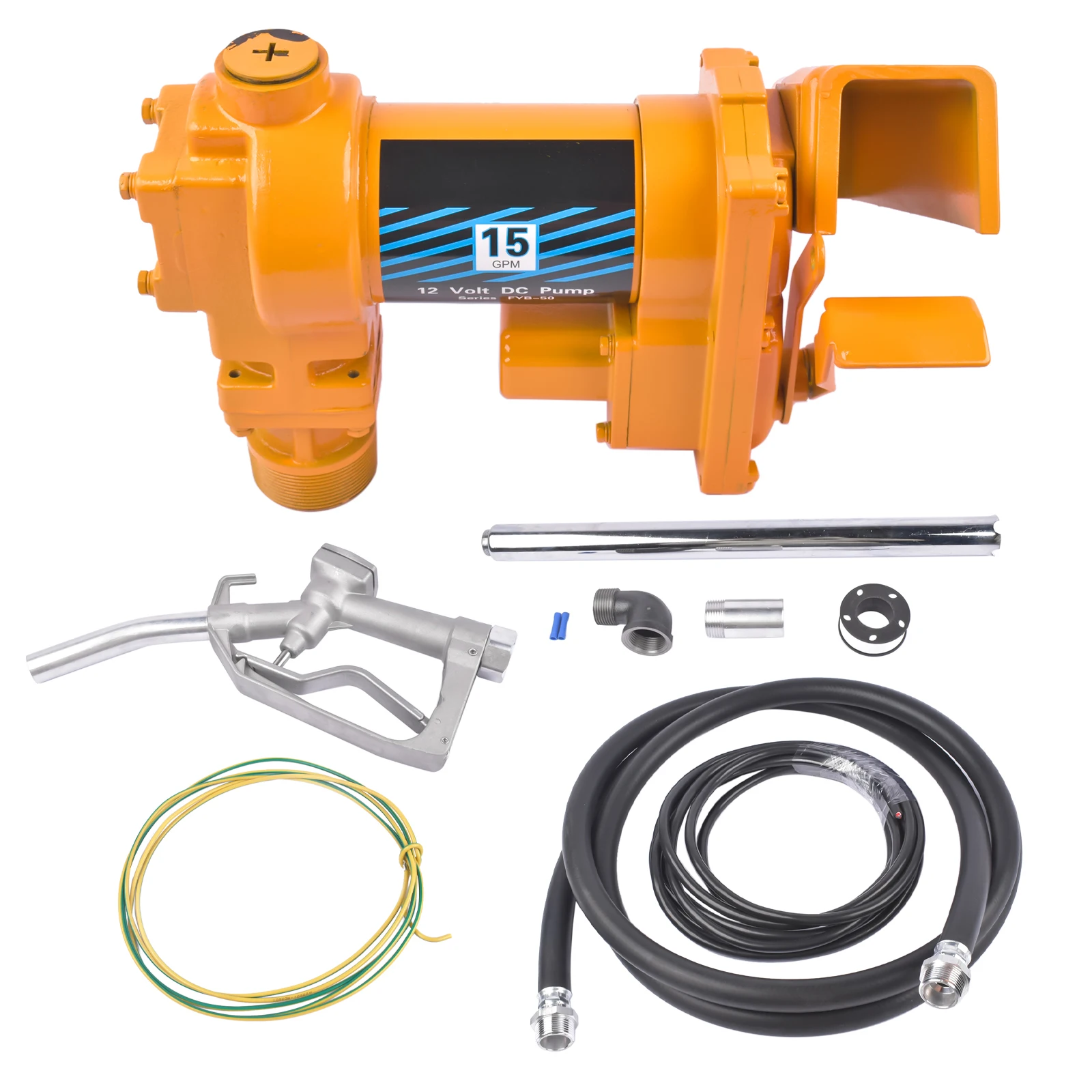 AP03 Yellow Fuel Transfer Pump + Discharge Hose + Manual Nozzle Kit 12V 15 GPM  NEW