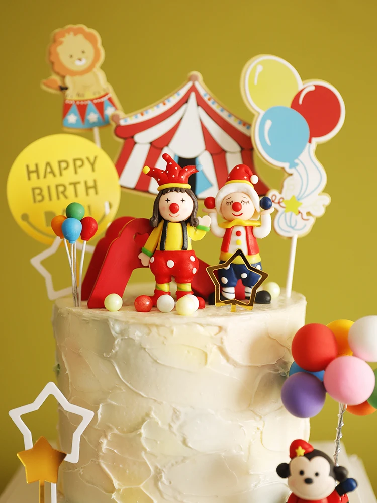 

Cartoon Colorful Circus Themed Clown Monkey Elephant Balloon Animal Cake Topper Baby Kids Birthday Party Hat Baking Decorations