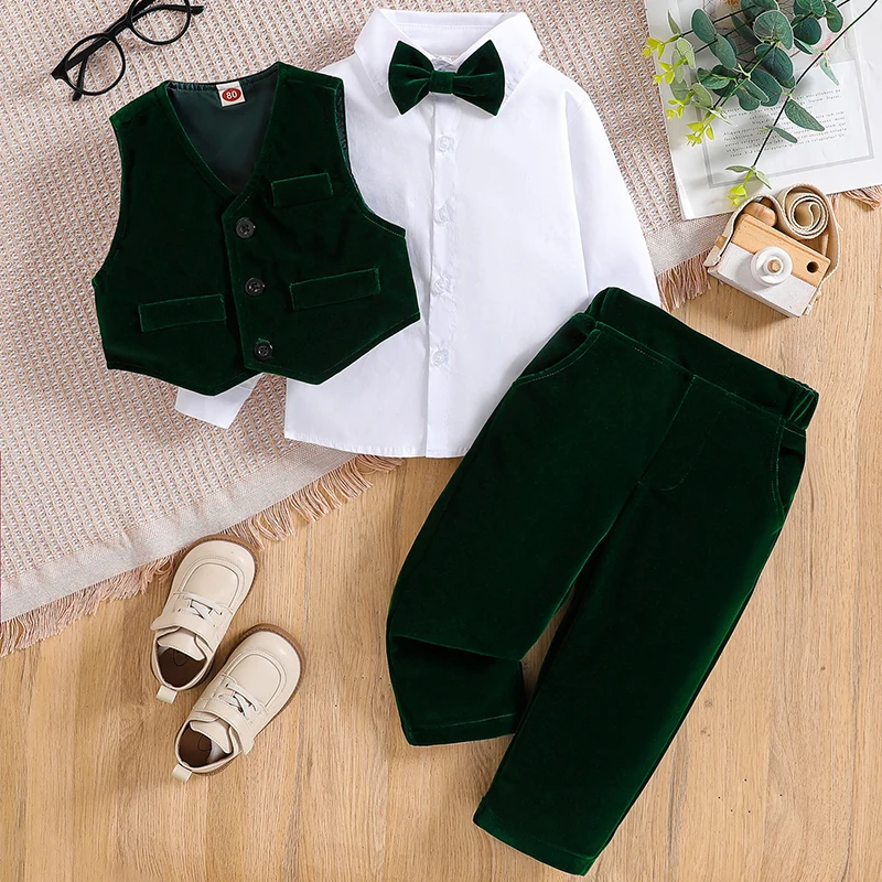 

4Piece Sets Spring Autumn Baby Boy Clothes Korean Fashion Gentleman Tie Vest+White T-shirt+Pants Boutique Kids Clothing BC1578