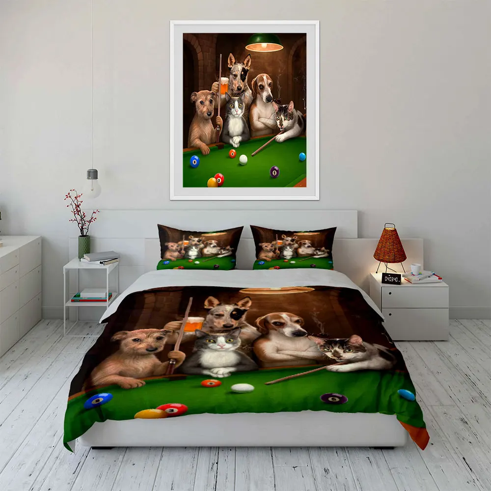 Dogs and cats in front of a fun pool table Print Soft Comfortable Duvet Cover Bedding Set Included 1*Duvet Cover  2*Pillowcases
