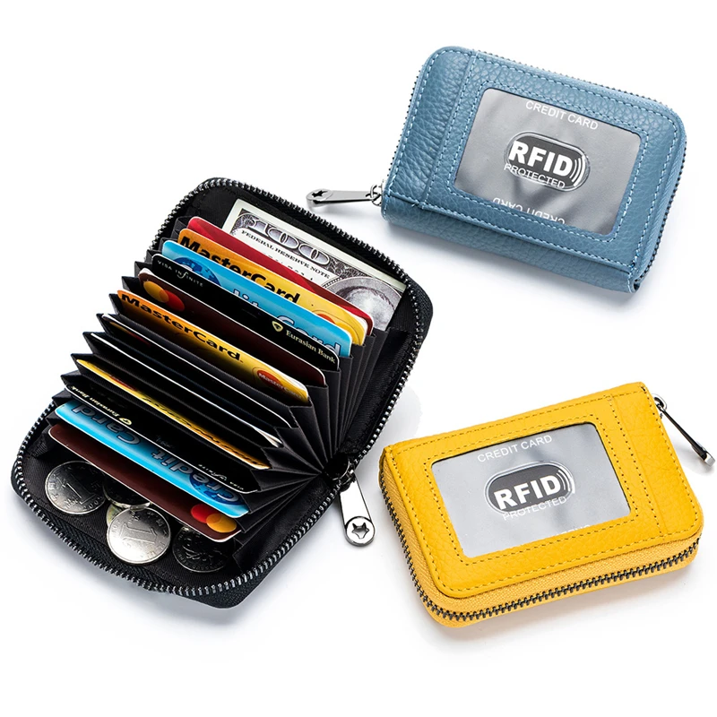 

Women Men Organ Card Holder RFID First Layer Cowhide Multiple Card Slots Wallets Large Capacity Portable Zipper Coin Purse Bag