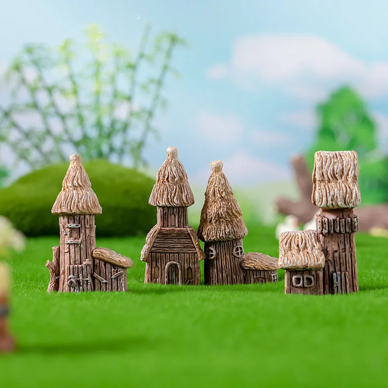 Figurine Miniature Cute Rural Thatched Castle Houses Micro Landscape Resin Ornaments For Home Decorations Desktop Decor Room