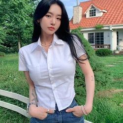 Tees Tops Blue Shirt 2024 New Summer Slim Blouse Shirts Women Turn Down Collar Short Sleeve Button Solid Cropped Tops Lady y2k