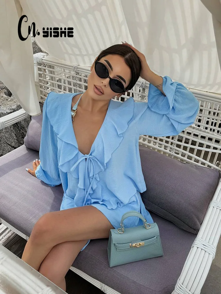 CNYISHE Solid V Neck Long Sleeve Lace-up Women Sets Holiday Sheath Fashion Suits Female Sexy Club 2-Pieces(Tops+Skirts) Trendy