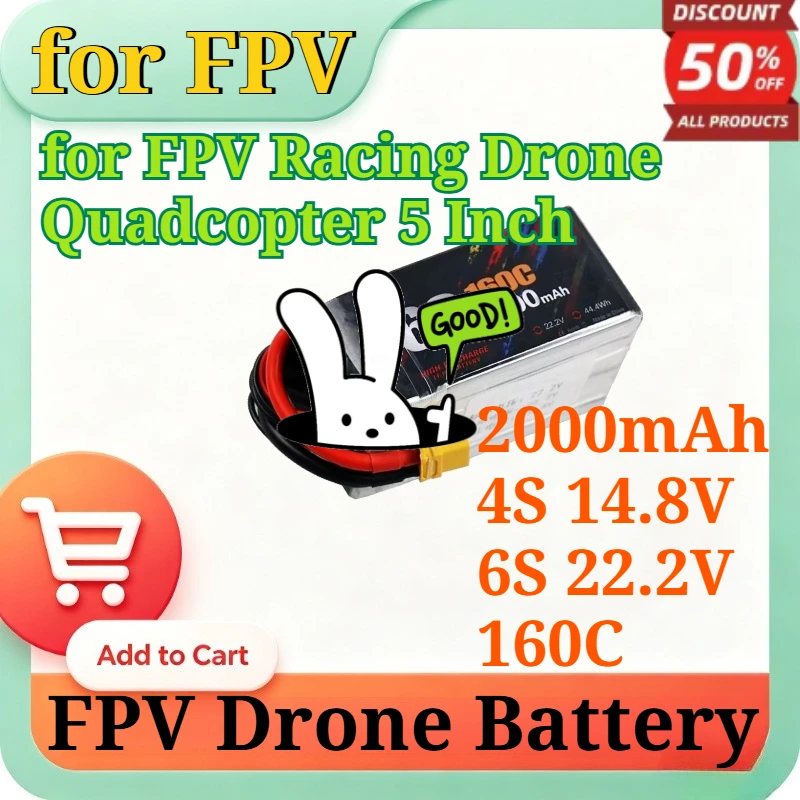 2000mAh 4S 14.8V/6S 22.2V 160C High Discharge LiPo Battery Pack with XT60 XT30 Plug for FPV Racing Drone Quadcopter 5 Inch