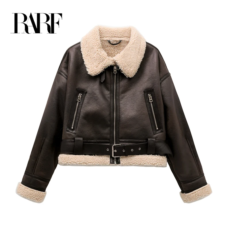 RARF 2024 New Woman\'s Fashion Thick Warm Faux Shearling Jacket Coat Vintage Long Sleeve Belt Hem Female Outerw