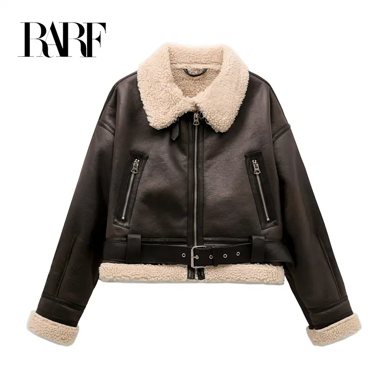 RARF-Jaqueta grossa quente do falso shearling feminino, casaco vintage de manga longa, outerwear feminino, bainha do cinto, nova moda, 2024