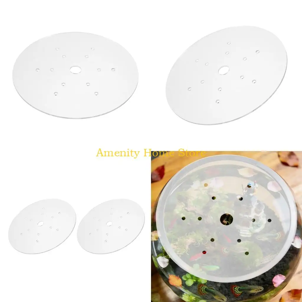 F26C Clear Round Habitat Lid for Water Pet Enclosures, Acrylic Cover Panel with Access Port and Debris Reducing Form