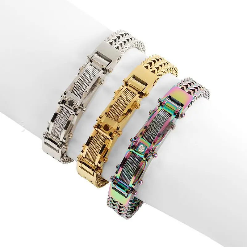 

Stainless Steel Fashionable hipster biker Bracelet for Men Link Chain Men's Bracelets With CZ & Magnet Clasp Gold Color Jewelry
