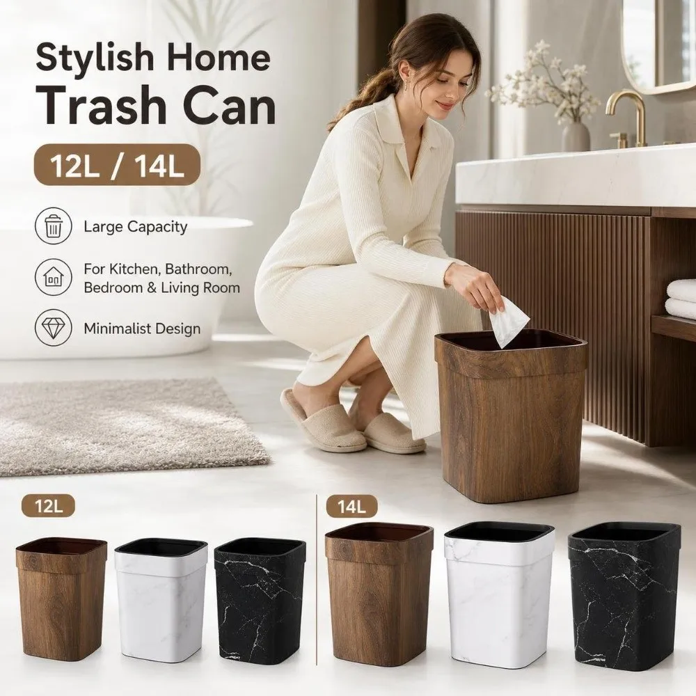 Aesthetic 12/14L Uncovered Trash Can Marble Pattern Plastic Garbage Container Bin Modern Rectangle Living Room Dustbin Office