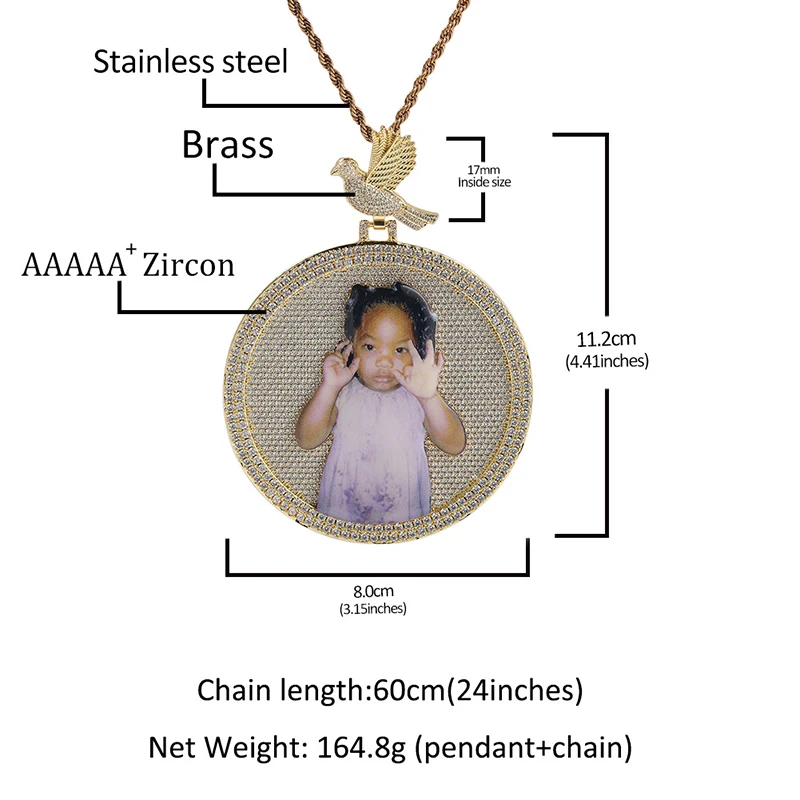 Pigeons Round Shape Custom Photo Pendants Necklace for Men 5A+ CZ Stone Bling Iced Out Hip Hop Rapper Jewelry Gold Silver Color