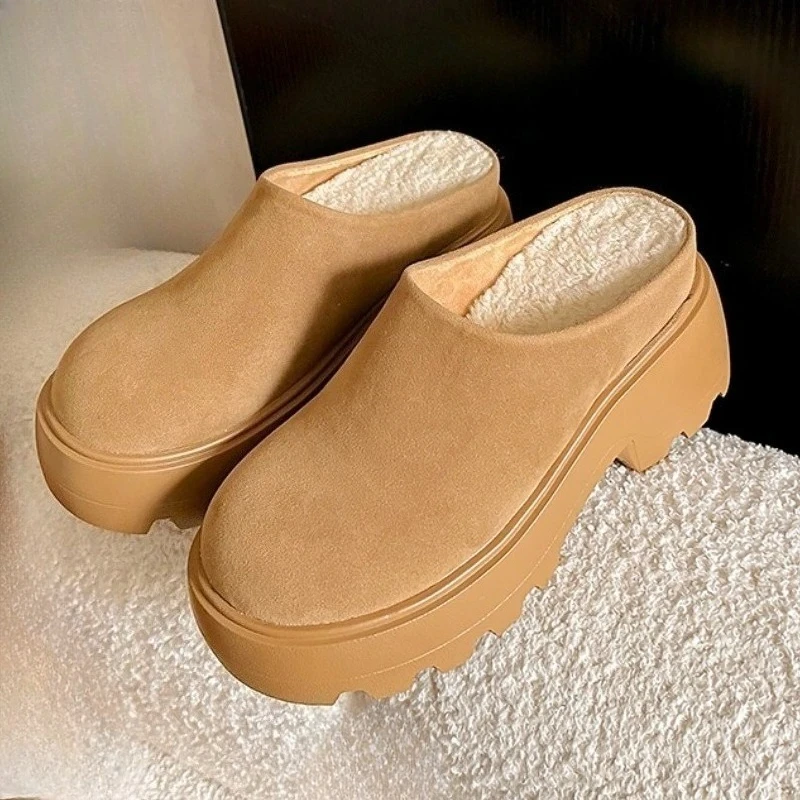 

Suede Winter Platform Slippers Women Plush Snow Boots Round Toe Cotton Shoes Female Non-slip Comfort Chunky Heel Mules Slides