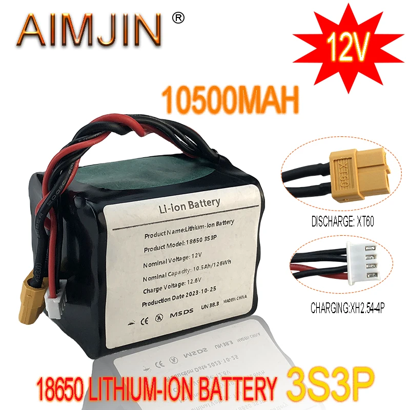 AIMJIN 3S3P 12V 10.5Ah 10Ah High Capacity UAV Rechargeable 12.6V Li-ion Battery for Various RC Airplane Quadrotor XH2.54-4P XT60
