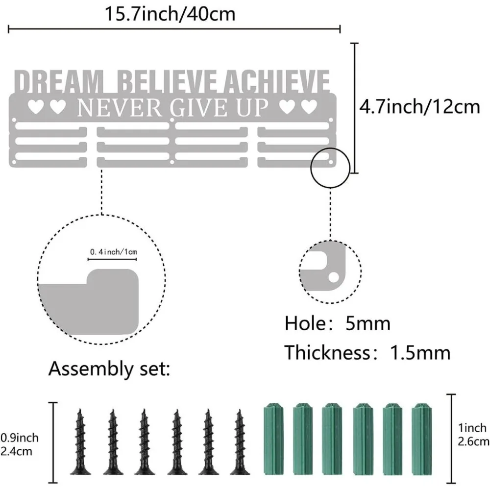 Medal Holder Display Hanger Rack Sports Dream Believe Achieve Never Give Up Over 60 Medals Silver 15.7 x 4.7 Inch