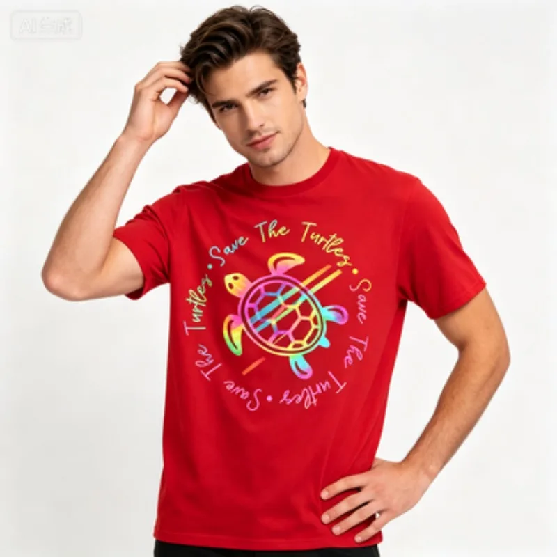 Soft  Short‑sleeve T‑Shirt Save The Turtles Colorful Gradient Turtle Art Print Environmental‑awareness Daily‑wear Summer Clothes