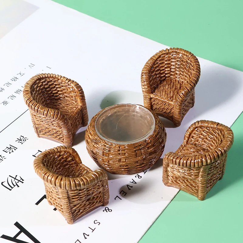 5Pcs/Set Dollhouse Miniature Simulation Fish Basket Basket Chair Table Furniture Model For Doll House Accessories Decoration Toy