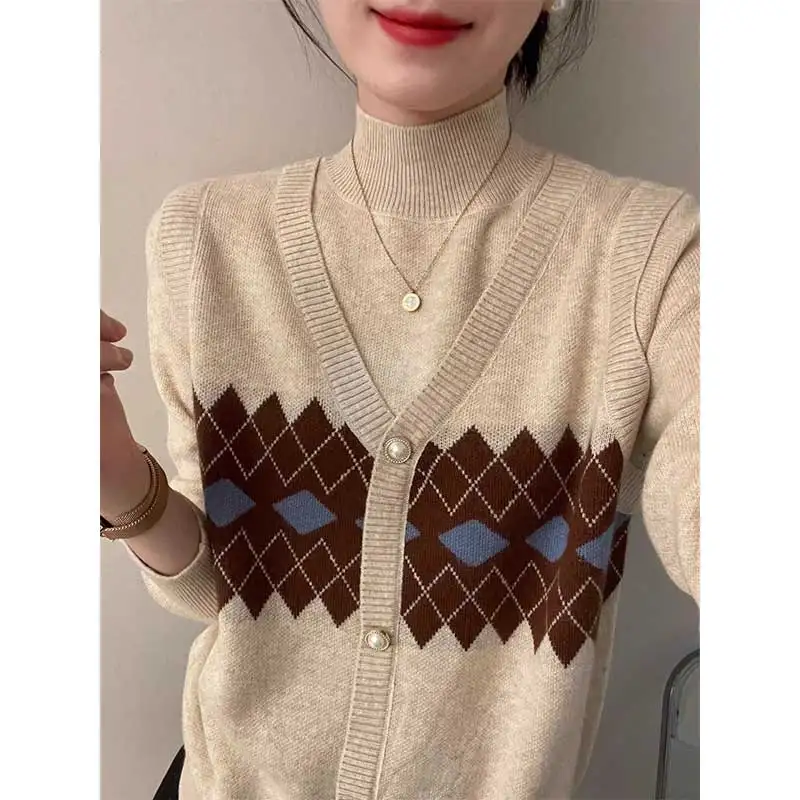 

Женская одежда, весенне-осенний модный повседневный вязаный женский универсальный свитер на пуговицах, пуловеры, искусственный топ из двух предметов Te