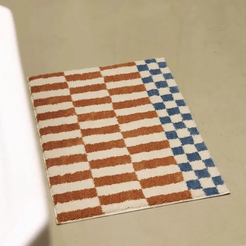 VIKAMA Bronze White Band Blue Checkerboard Patchwork Shower Rug Fashionable Cutesy Water Wicking Home Accent Velvety Soft Cozy