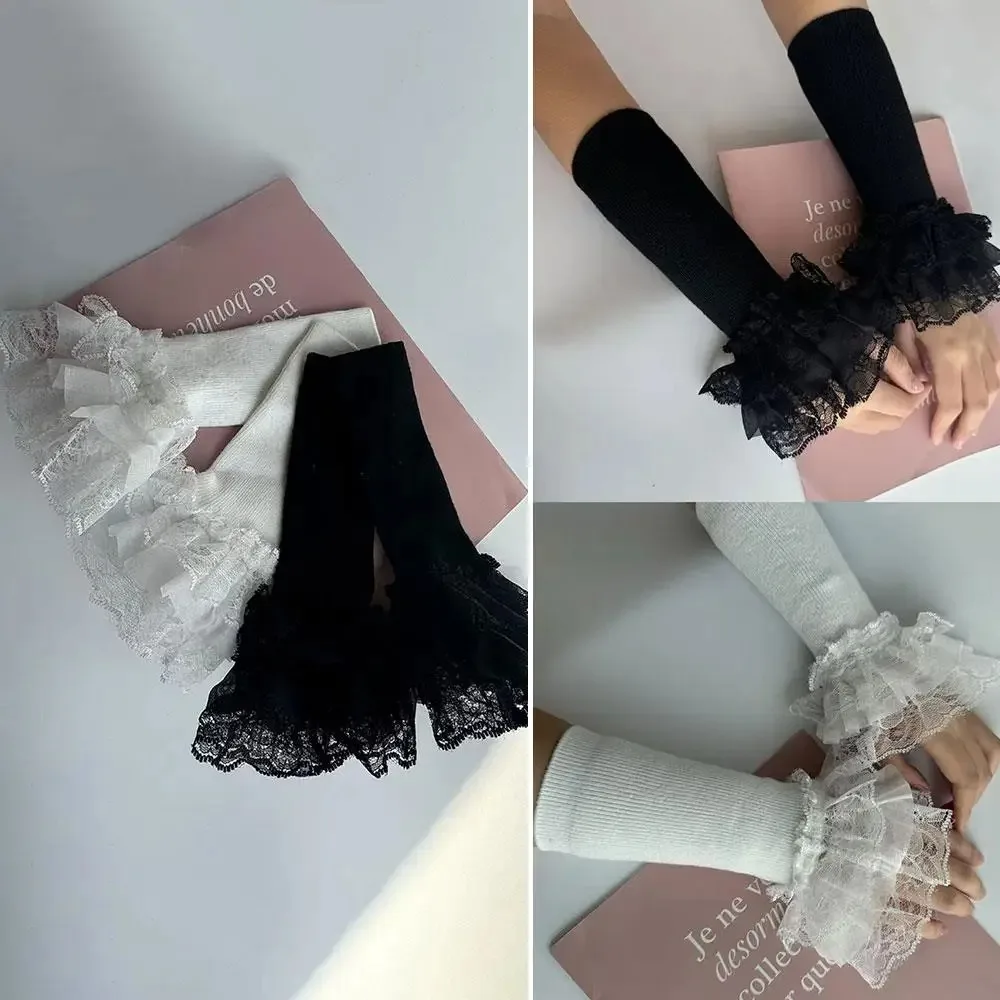 

1Pair Fashion Long Patchwork Sleeves Knitting Embroidery Lace Ruffles Cuff Black White Elastic Elbow Sleeve Women