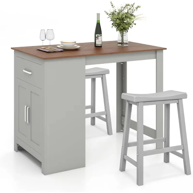 3-Piece Bar Table Set for 2, Counter Height Dining Table Set with 2 Saddle Stools, Storage Drawer & Cabinet, Modern Pub