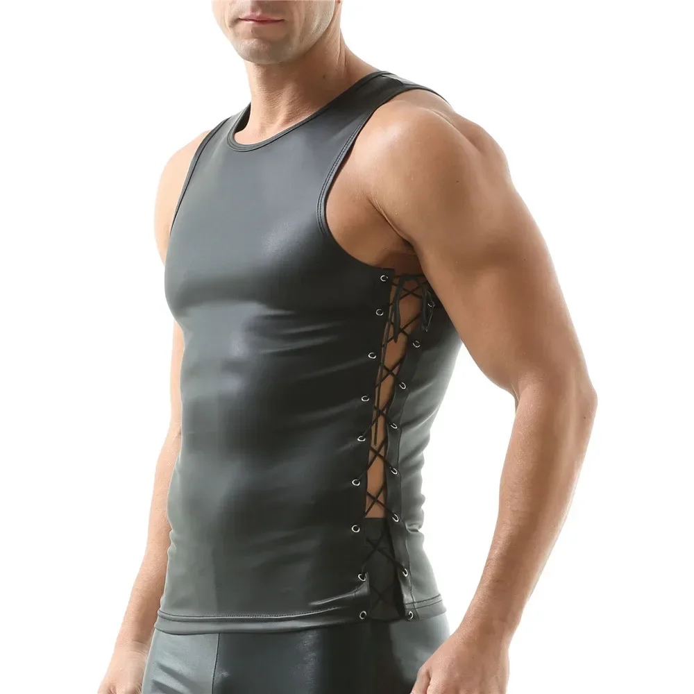 Mens Sexy Side Bandage Hollow Out PU Leather Tank Tops Male Slim-fit Nightclub Faux Leather Vest Man Party Stage Dance Clubwear