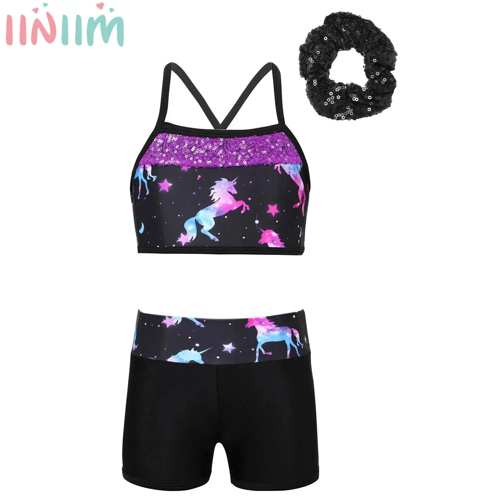 Kids Girls Mermaid Scales Printed Dance Outfits Sleeveless Sequins Tank Top Shorts Hair Tie Sets for Stage Performance Clothes