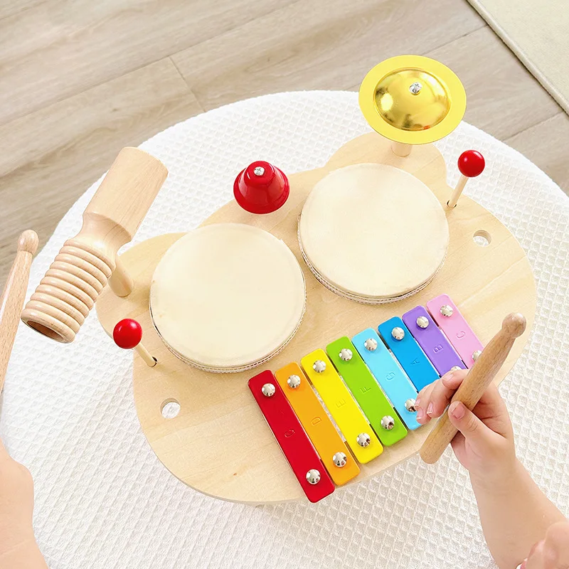 Xilófono de madera y batería multifuncional para niños pequeños y bebés - Juguete de instrumentos musicales de percusión Montessori