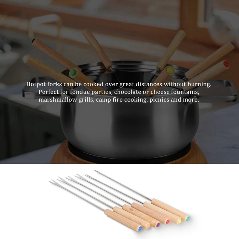 Stainless Steel Color Coding Chocolate Fountain Cheese Fondue Forks With Oak Wood Handle Heat Resistant, Skewers Marshmallow Roa