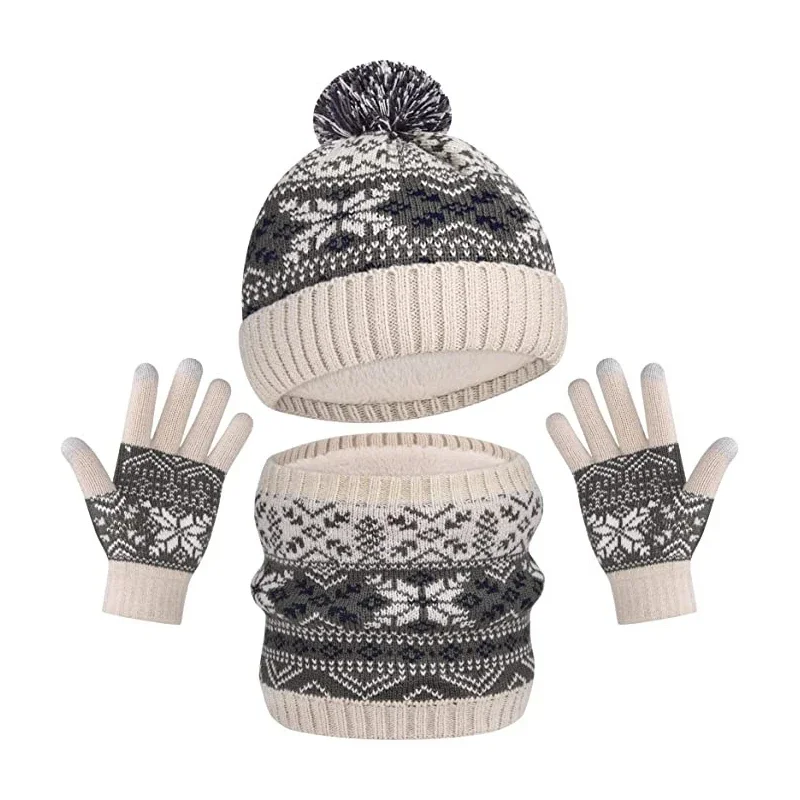 Conjunto de 3 piezas para niños y niñas, gorros, bufandas, guantes de punto, rayas clásicas a cuadros, copo de nieve, forro polar grueso, Invierno