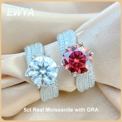 EWYA 100% Real 5CT Red Moissanite Diamond Ring for Women S925 Sterling Silver Diamond Rings with GRA Wedding Band Fine Jewelry
