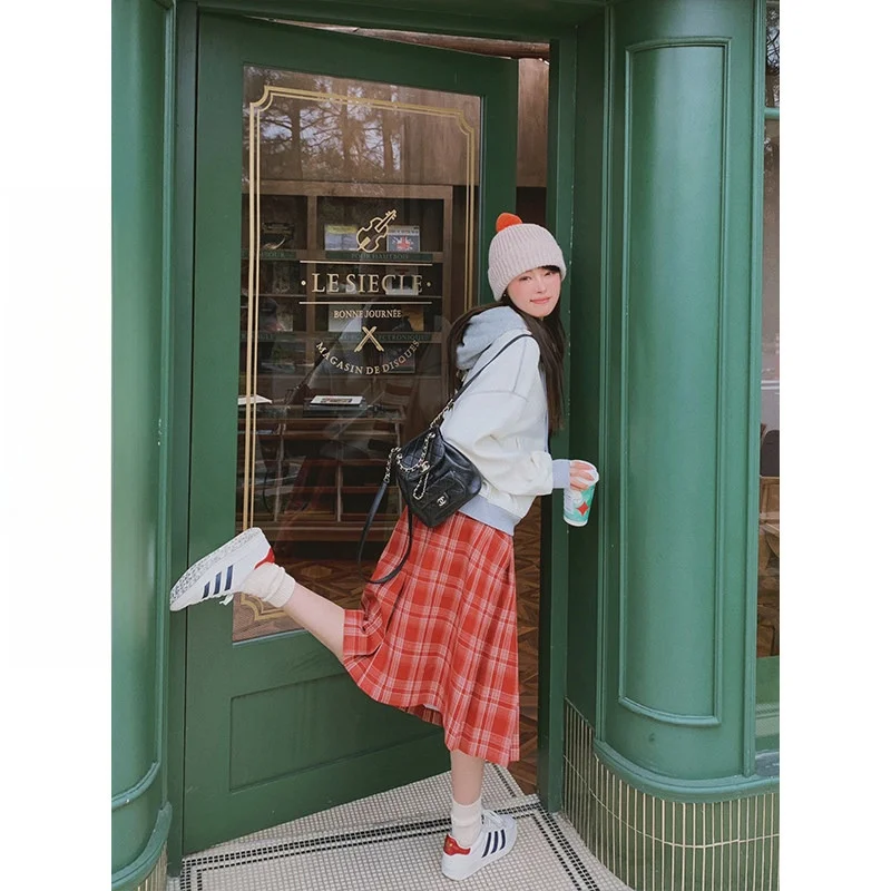 

Красно-белая клетчатая юбка-миди А-силуэта Cheeseandkisses, свободного кроя, повседневная плиссированная юбка, универсальная зимняя модная женская юбка