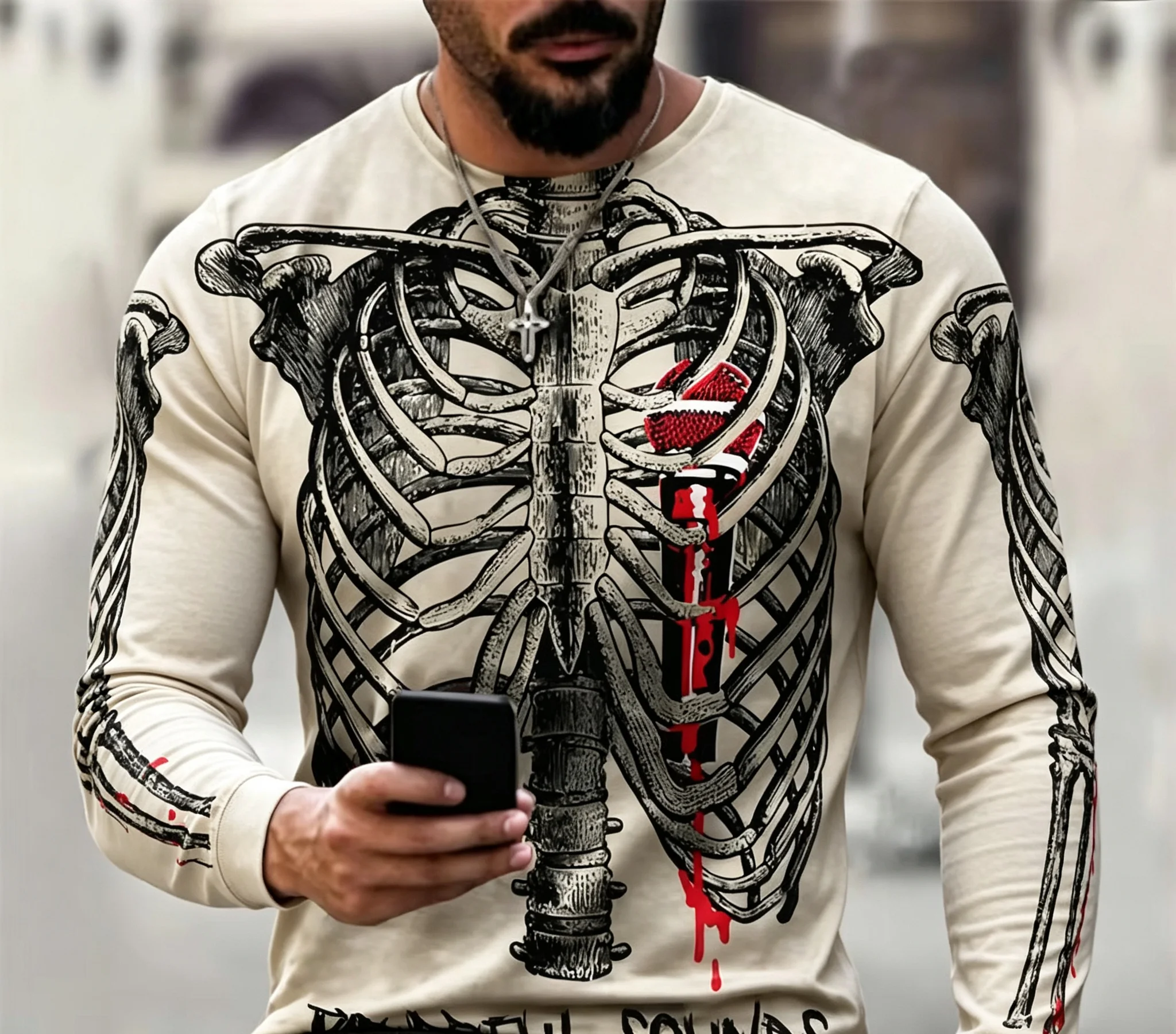 Herren Skelett-Rippenkasten 3D-Druck Rundhals Langarm-T-Shirt, Gothic Totenkopf Grafik Lässige Streetwear Langarm-Oberteile – Detail 6