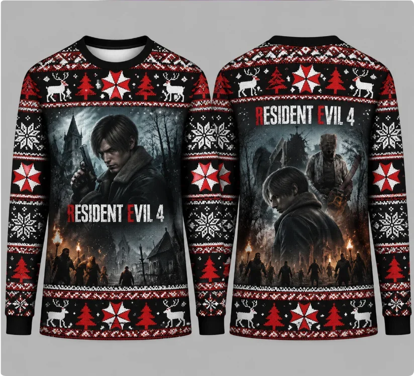 Resident Evil 4 Ugly Christmas Sweater Leon Kennedy Game Character All Over Print Crewneck Sweatshirt Xmas Holiday Pullover
