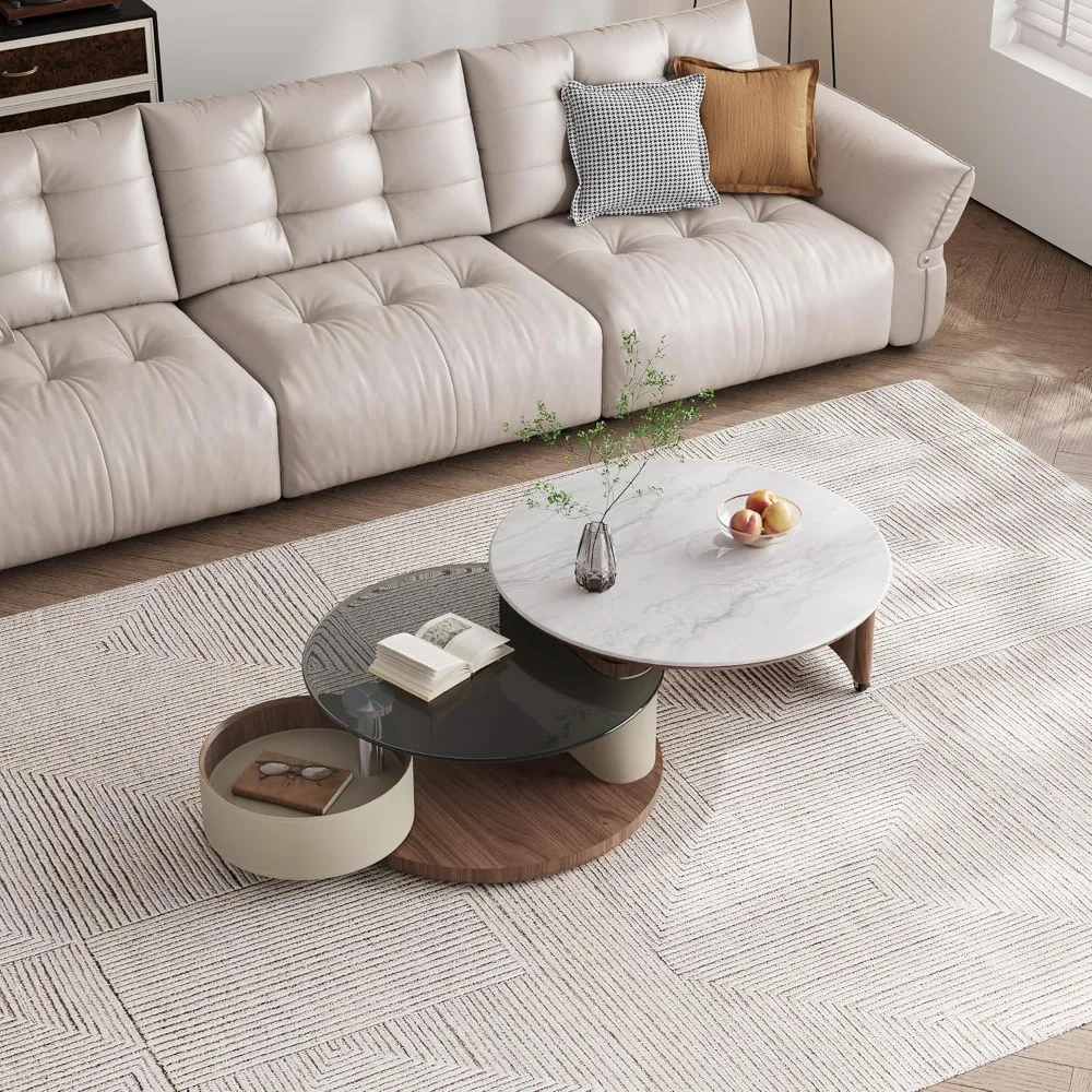 طاولة قهوة مستديرة حديثة، طاولة مركزية متعددة الاستخدامات 2 في 1 مع عجلات وتخزين، حجر متكلس وزجاج مقسى