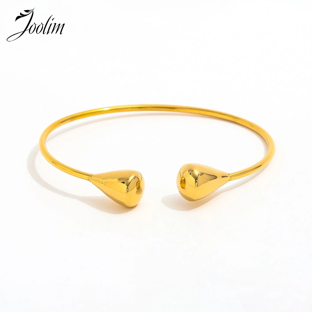 

Joolim Jewelry Wholesale High End PVD Non Tarnish Fashion Simple Elastic Teardrop Cuff Stainless Steel Bracelet for Women