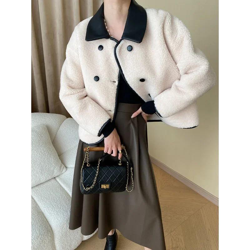 Casual French Contrast Leather Edge Fashion Faux Fur Coat Imitation Lamb Hair Small Fragrance Thickened Loose Basic Jacket Women