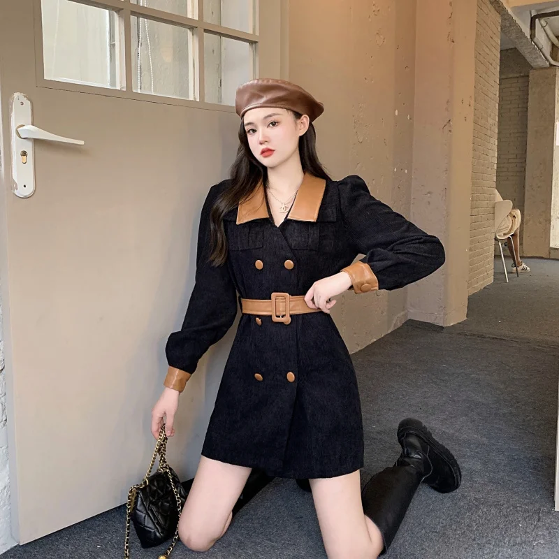 

4XL Autumn/Winter French Hepburn Style Black Dress With Lace-UP Slim Waist Fat Sister Dress Unique Patchwork Blazer Dress Female