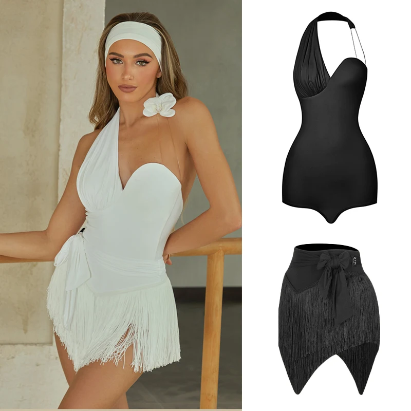 Moda adultos ropa de competición de baile latino Top Irregular falda con borlas mujeres Chacha Salsa trajes de baile latino SL13034