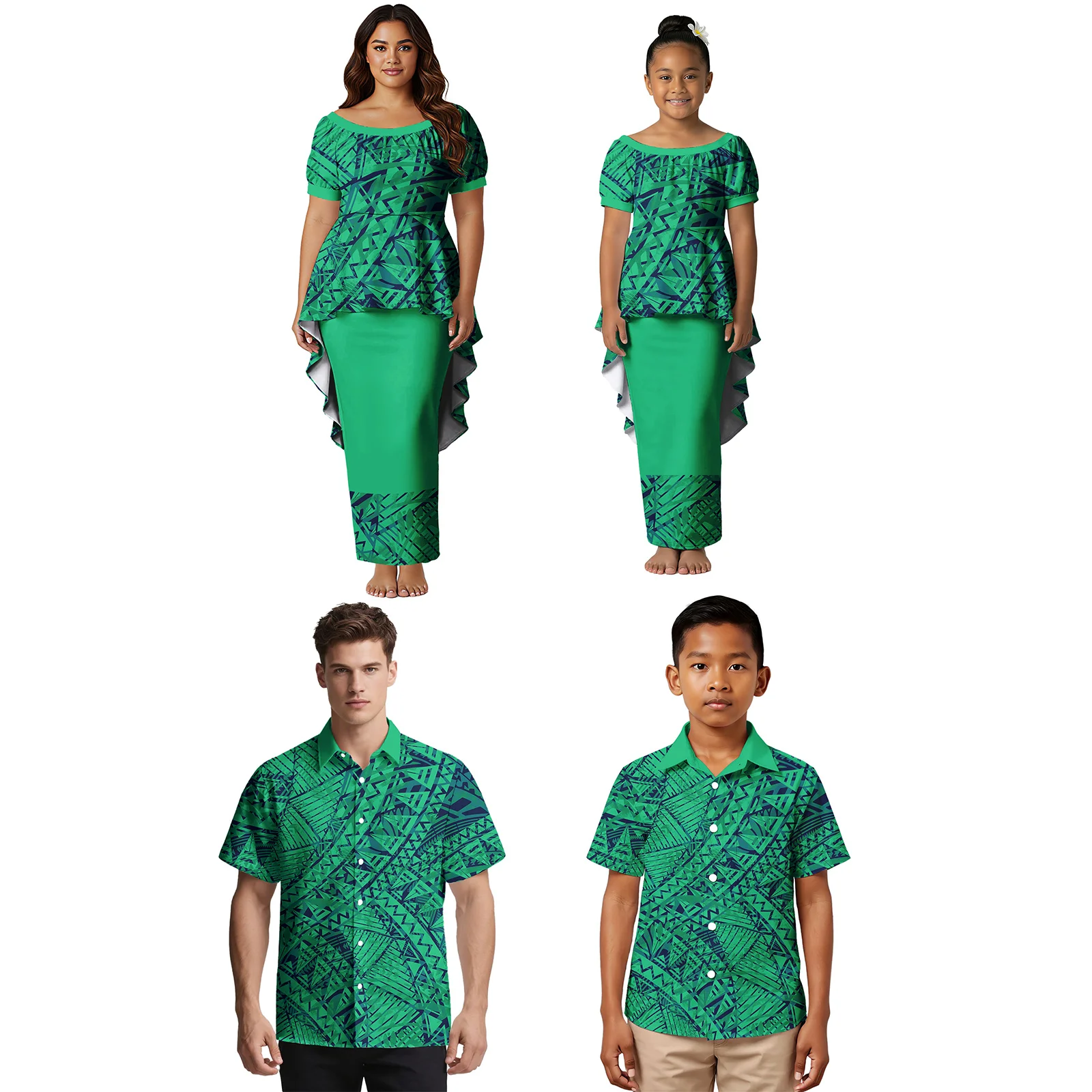 Clothing Custom Hawaiian Matching Family Outfits Samoan Swallow-tail Hem Puletasi Dress Polynesian Turn-down Collar Shirt Family