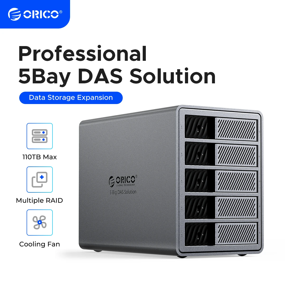 ORICO 3,5" USB 3.0 5 Gbit/s HDD-Dockingstation 150 W Leistung mit Lüfter für professionelle 5-Bay-DAS-Lösung (ProRAID) Serie