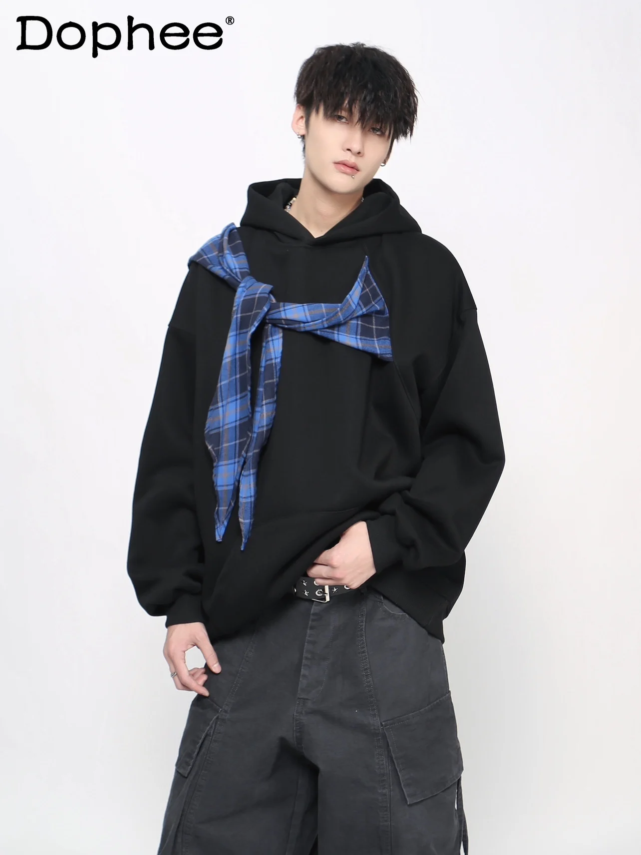 

American Retro Design Plaid Patchwork Lace-Up Hoodie for Men, Loose Fit Autumn Winter Trendy Couple Jacket