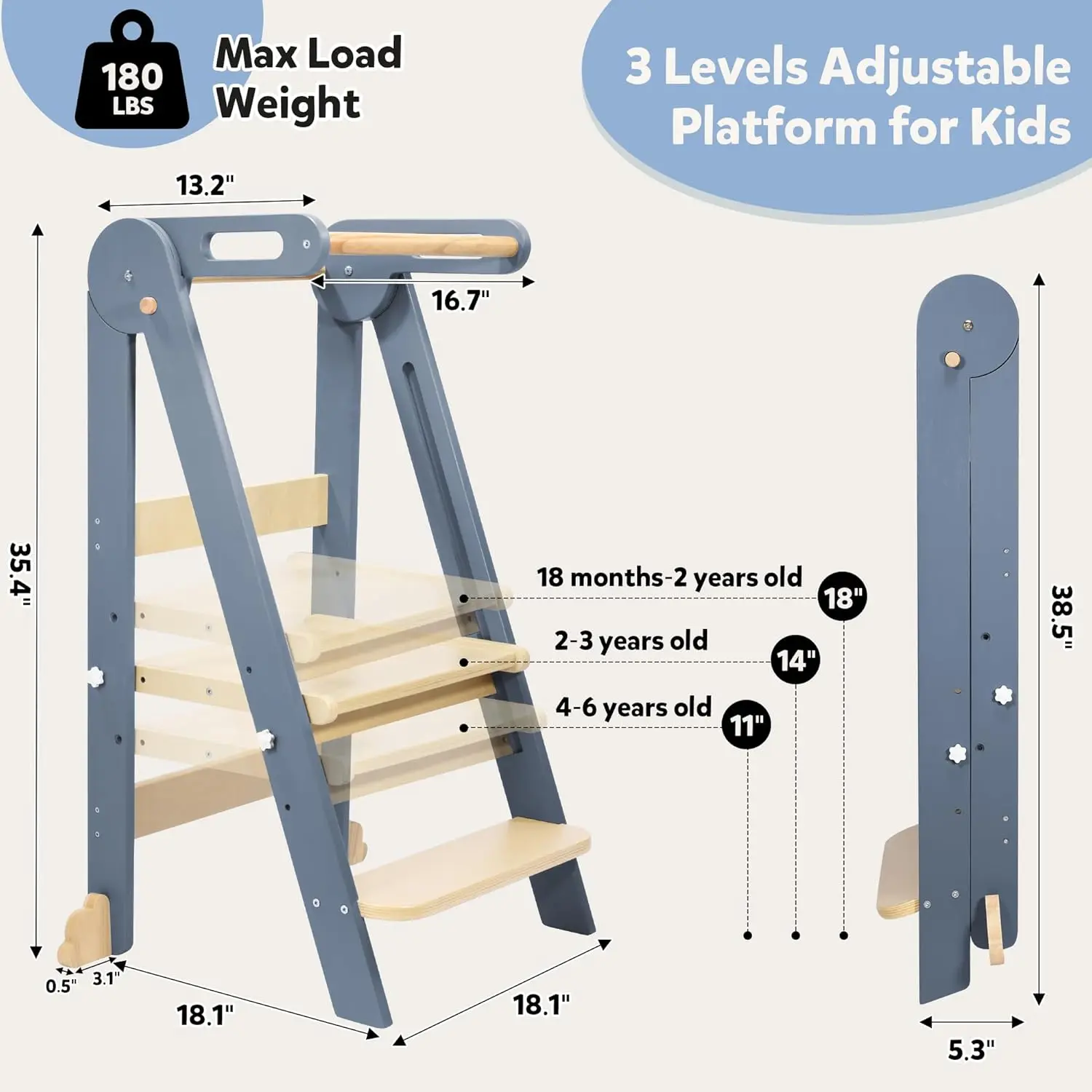 Kitchen Step Stool with Hook, Pre-Assembled Wooden Folding Montessori Learning Helper for Kids, Toddlers Standing Tower with 3 A