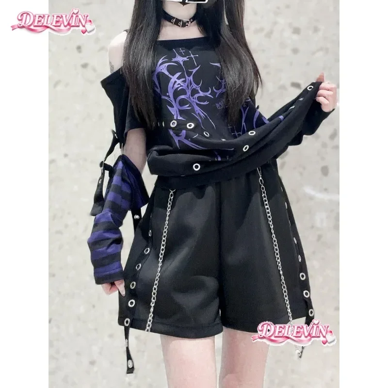Original Subculture Chain Y2k Shorts Design Printed Loose Sports Shorts Women Men Elastic Black White Casual Shorts Leg Cover
