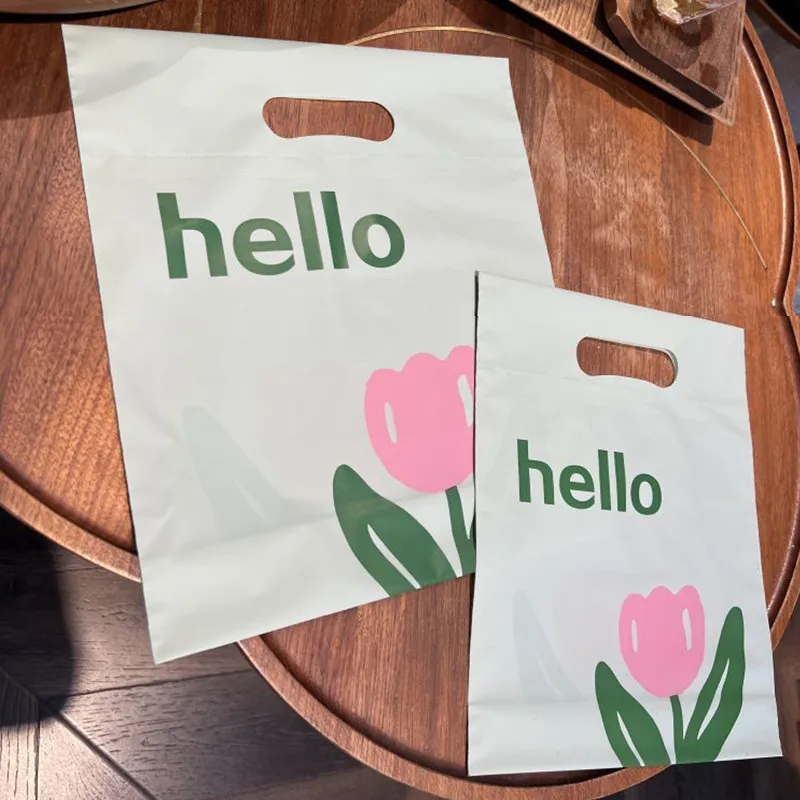 

10 Pcs Green Tulip Gift Bags Cute Flower Shopping Packaging Bag For Store Jewelry Candy Present Thanksgiving Wedding Accessories