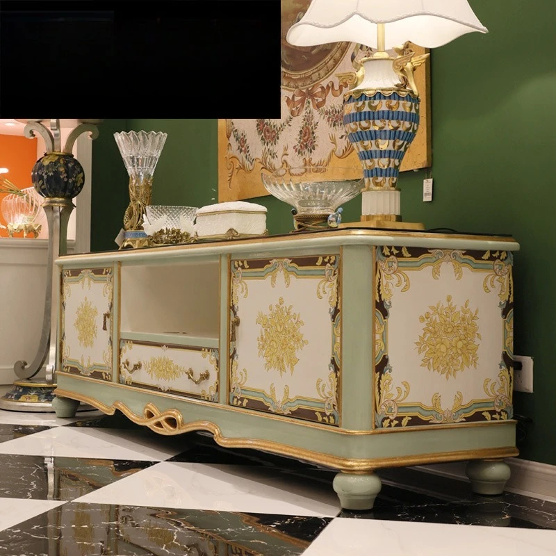 

French court mahogany carving hand-painted contrasting color TV cabinet villa floor cabinet storage cabinet furniture