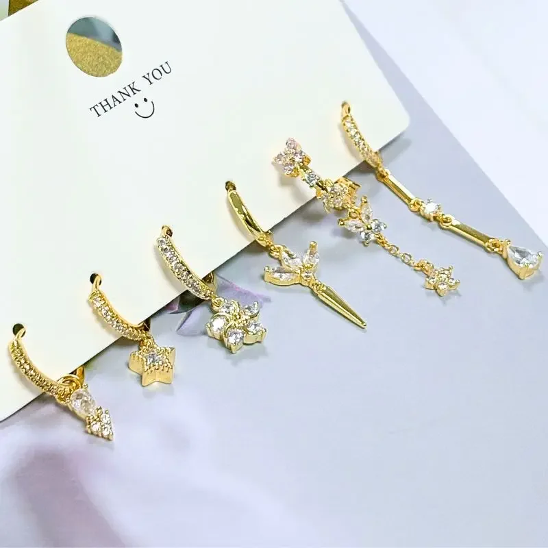 여자 925 실버 바늘 워터 드롭 기하학 지르콘 화이트 지르콘 크리스탈 꽃 펜던트 후프 귀걸이 패션 웨딩 쥬얼리