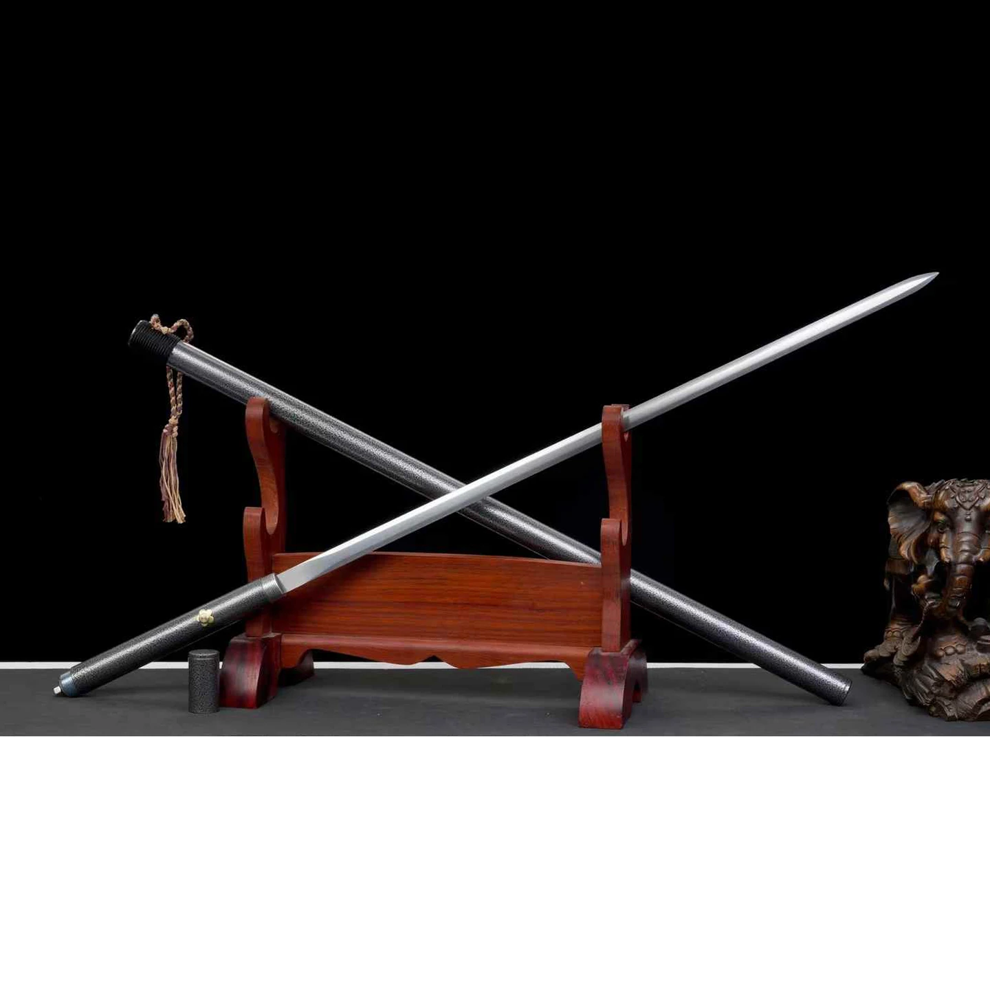 Collectible Thin Hidden Stick Sword Manganese Steel Ultra Slim Blade Black Textured Metal Scabbard Free Stand Wenwan Sword